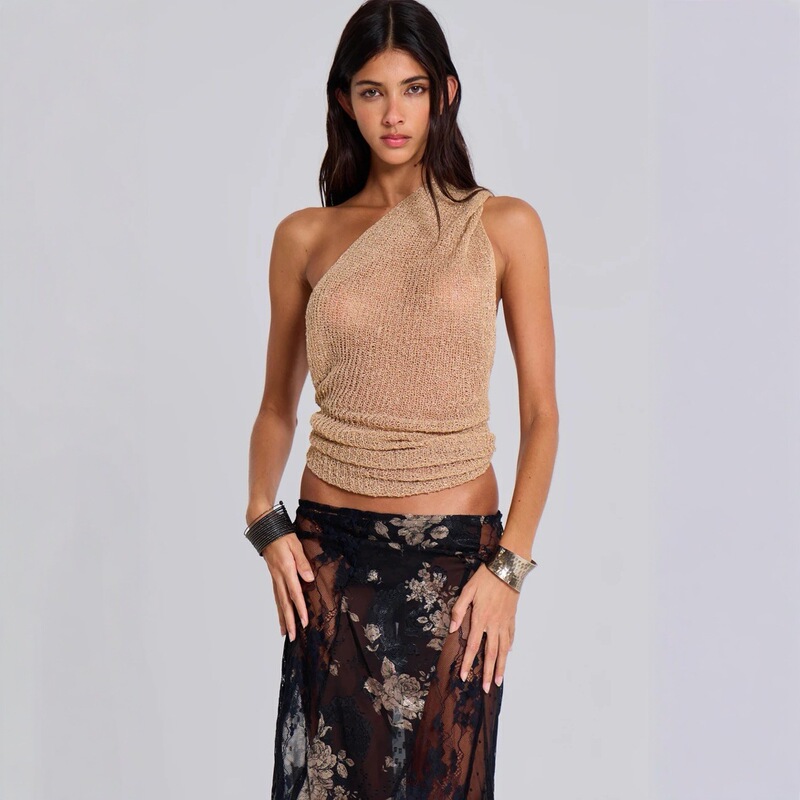 European and American Sexy Slanted Shoulder See-Through Knitted Vest Slim Short Top European and American Sexy Slanted Shoulder See-Through Knitted Vest Slim Short Top