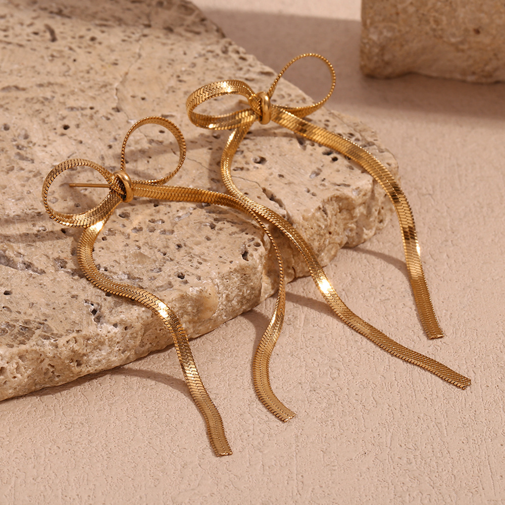 Gold Color Blade Chain Bow Stainless Steel Earrings