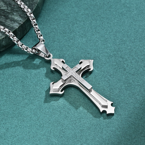 New European and American style three-layer flower-shaped combination stone cross pendant fashion retro men's trendy titanium steel necklace