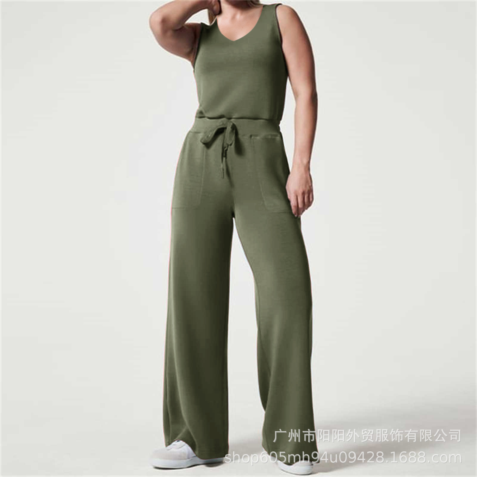 2023 primavera y verano nuevo versátil moda europea y americana adelgazamiento ocasional de las mujeres sin mangas color sólido V-cuello pantalones jumpsuit