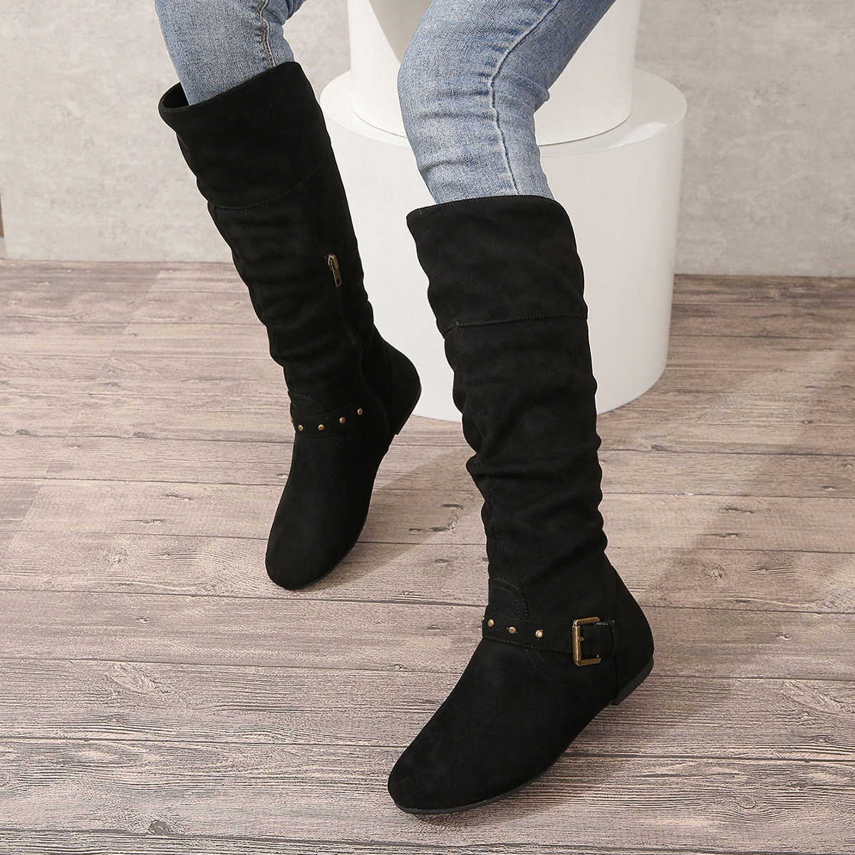 Autumn and winter retro women's boots set fashion boots retro high top women's long boots thick heel belt buckle women's fashion boots_voghion.com