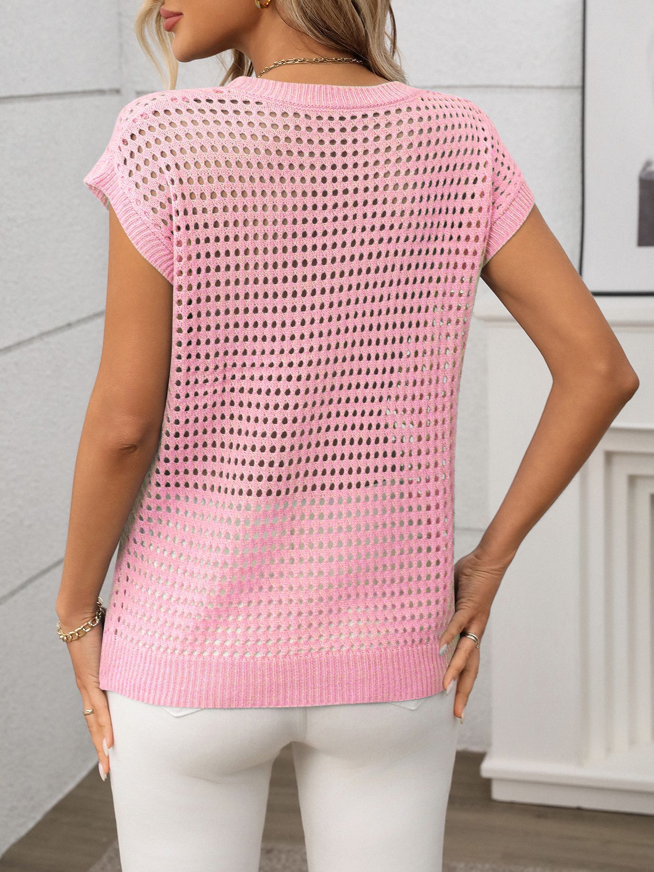 Summer Women Clothing Women round Neck Hollow Out Cutout Sun Protection Knitted Sweater Blouse