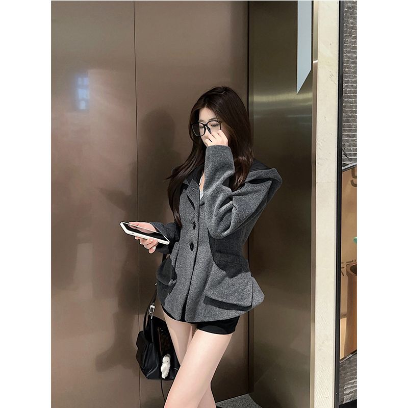 今年流行爆款黑灰色外套女小个子保暖连帽秋冬韩系毛呢大衣潮外穿