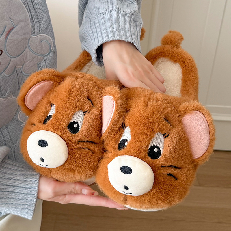 Cartoon Cat and Mouse Cotton Slippers for Home, Women's Plush Cotton Slippers, Men's Warm Shoes, Maternity Shoes, Women's Closed-Toe Slippers