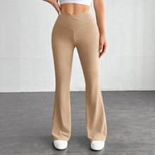 跨境欧美女装Temu亚马逊2025春夏外贸气质简约纯色紧身高腰微喇裤