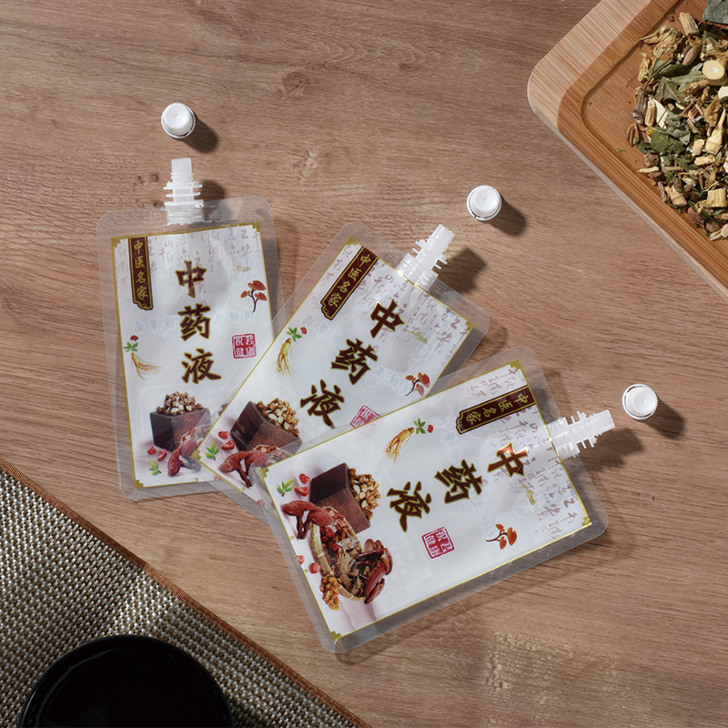 Ready-Made Chinese Medicine Spout Pouches, Disposable Herbal Tea Food Packaging Bags, Transparent Stand-Up Pouches, Portable Food-Grade Wholesale