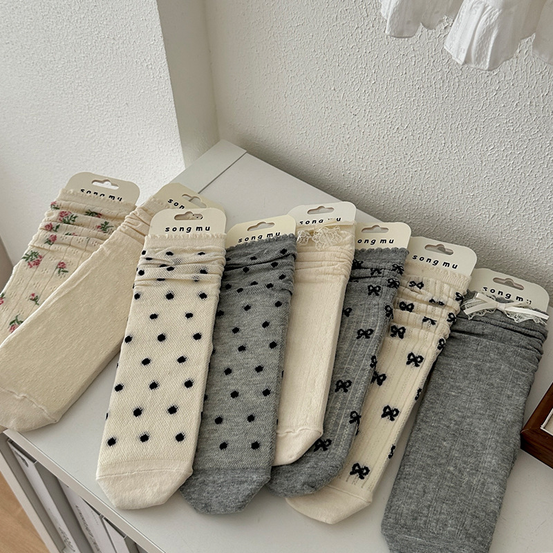 Ballet-style socks for ladies, summer bow tie puff socks, miu-style cream-colored lace socks, breathable thin crew socks