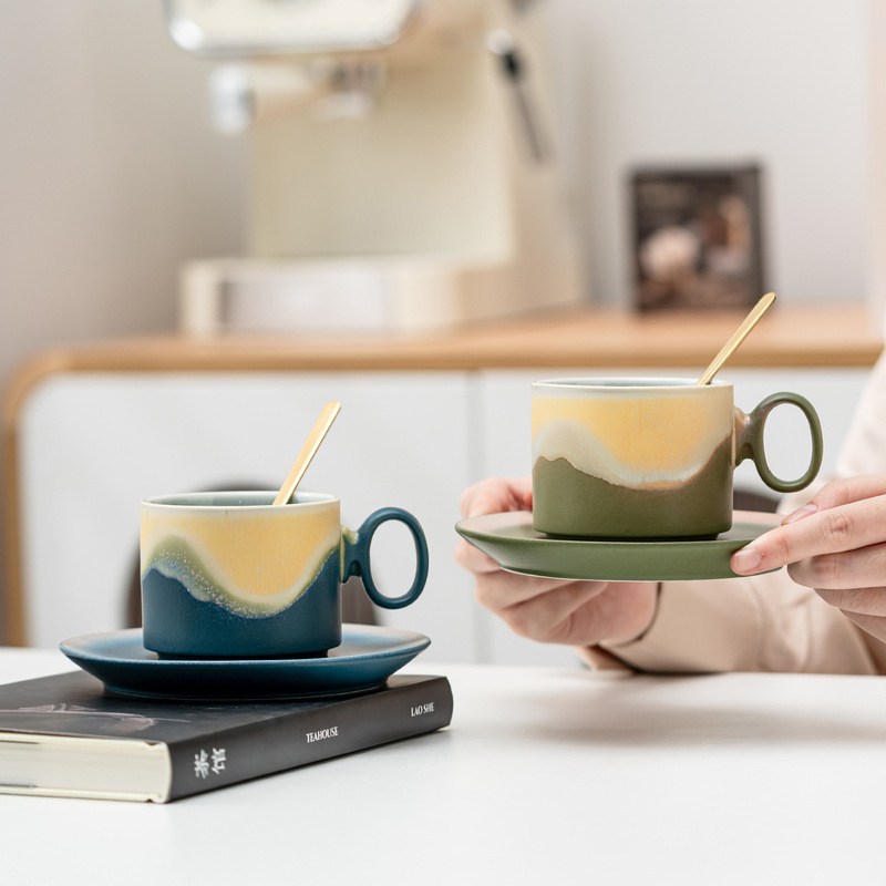 陶瓷咖啡杯杯碟套装情侣对杯轻奢拿铁咖啡杯伴手礼茶杯复古马克杯|undefined