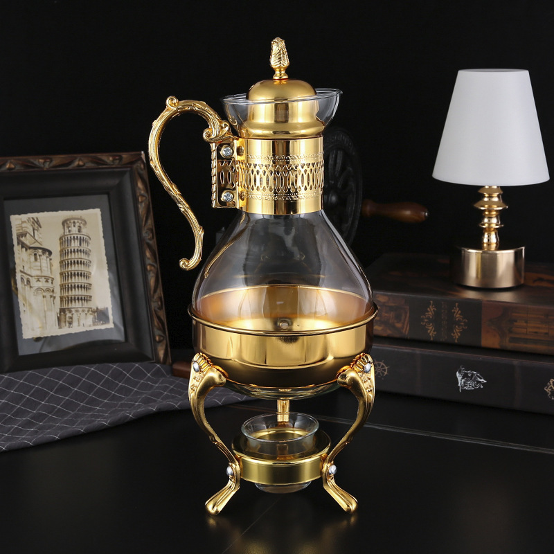 Cross-border Golden Medium Dongfeng Arabian Coffee Pot 3-piece Hotel Light Luxury Retro Heatable Glass Coffee Pot Cross-border Golden Medium Dongfeng Arabian Coffee Pot 3-piece Hotel Light Luxury Retro Heatable Glass Coffee Pot
