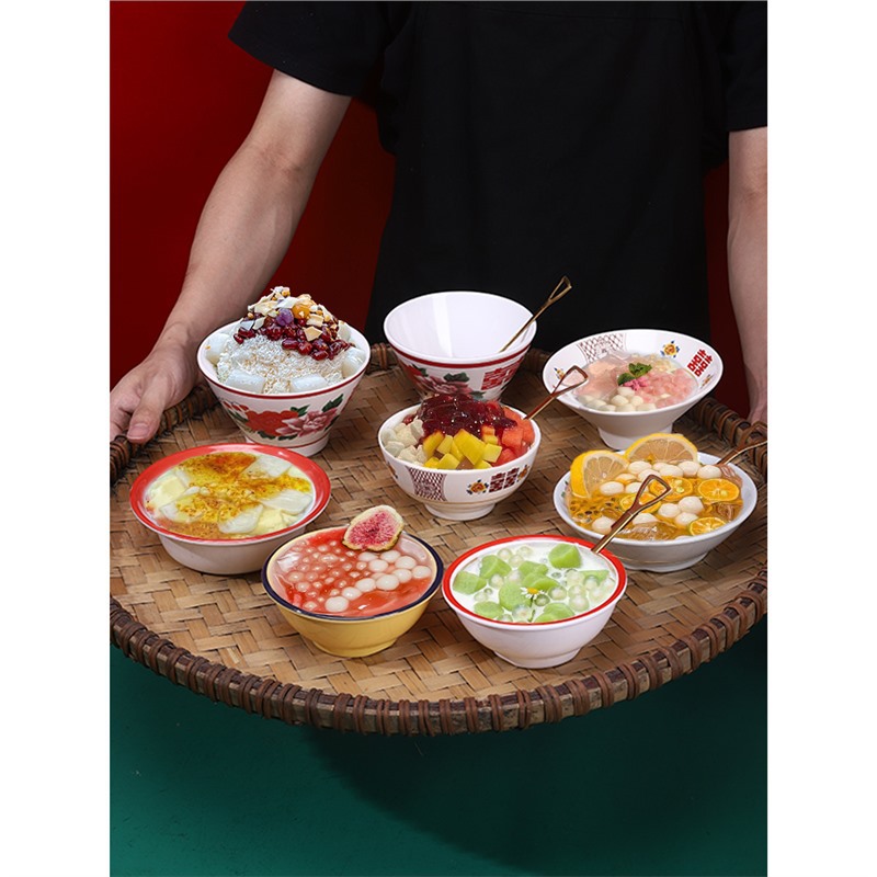 Cuenco de postres de porcelana de melamina, restaurante de hot pot de celebridades creativas en Internet, cuenco de hielo raspado, bol de bolas de arroz glutinoso con hielo de bayberry, ramita de álamo, cuenco de néctar, vajilla
