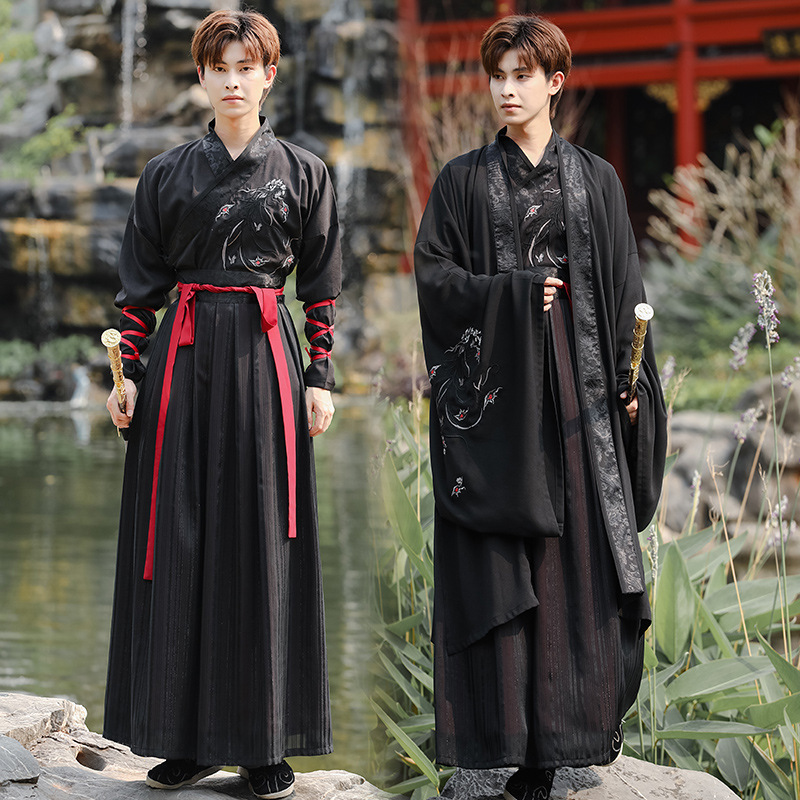 Black Style Phoenix Cloak Collar Top Skirt suit Traditional Men's Martial Arts plus size Ancient Suit Performance Class Clothes