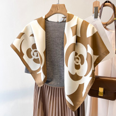 2023山茶花時尚氣質大方巾女絲巾裝飾領巾春秋圍巾夏季防曬沙灘巾