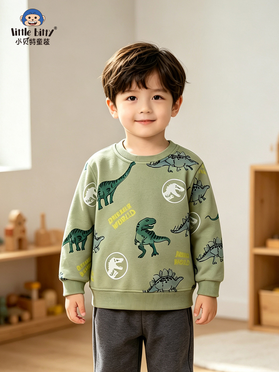 European and American style 2026 children's autumn sweatshirt, fashionable cartoon dinosaur boys' sweatshirt, round neck printed clothing for toddlers and young children