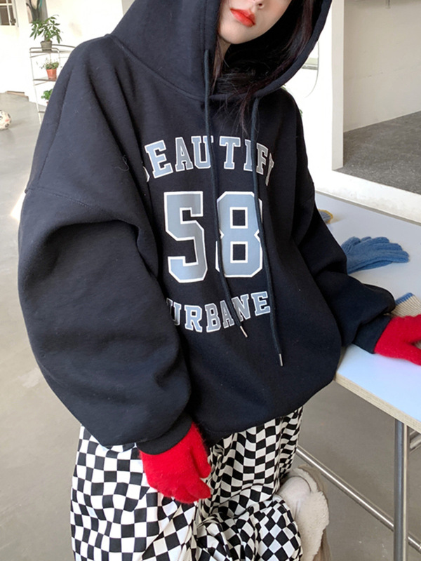 国境を越えたアルファベットの数字プリントとベルベットの女性秋冬の新しいゆるいジャケットの黒い帽子のコート|undefined