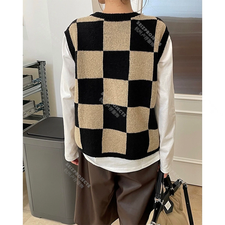 Ранняя весна, новый корейский стиль, клетчатый жилет с круглым вырезом, свободный повседневный тонкий жилет без рукавов для женщин