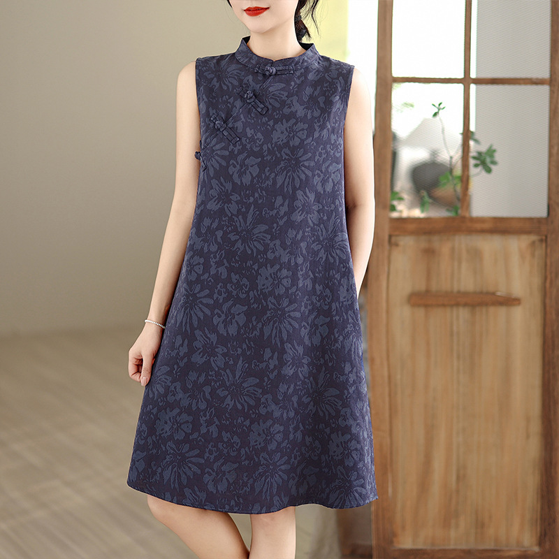 Real Shot of Retro Chinese-Style Improved Cheongsam, Hemp-Cotton Jacquard Artistic Loose-Fitting Dress for Women Real Shot of Retro Chinese-Style Improved Cheongsam, Hemp-Cotton Jacquard Artistic Loose-Fitting Dress for Women