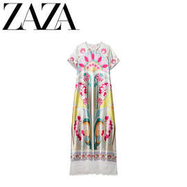 ZAZA 自制欧美风 批发女装 时尚百搭气质印花拼接毛毛半袖连衣裙