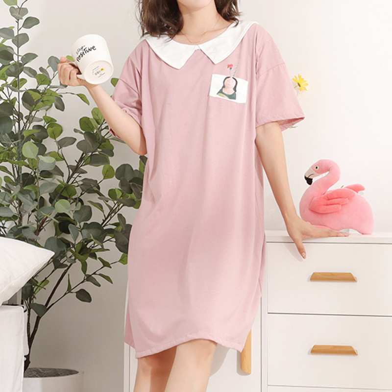 Summer Cartoon Maternity Short-Sleeve Dress with a Turn-Down Collar, Long Postpartum Nursing Sleepwear for Home Comfort