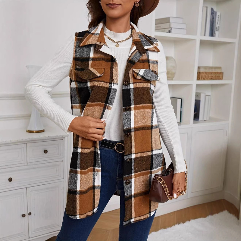 In-Stock 2024 European and American Cross-Border Foreign Trade Women's Clothing Autumn and Winter Amazon Plaid Sleeveless Vest Loose Woolen Coat In-Stock 2024 European and American Cross-Border Foreign Trade Women's Clothing Autumn and Winter Amazon Plaid Sleeveless Vest Loose Woolen Coat
