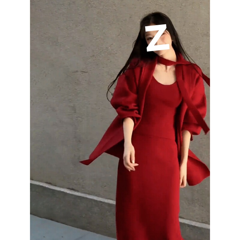 早秋穿搭红色针织毛衣套装连衣裙子女秋季2025新款初秋穿搭一整套|undefined