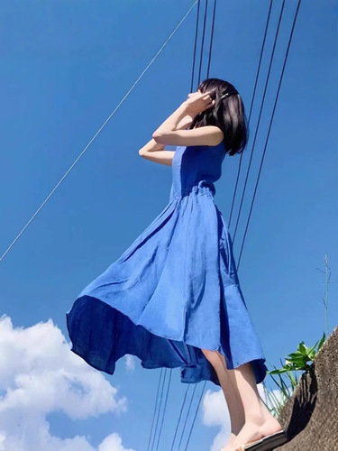 French little sleeveless blue dress, children's summer 2025 new seaside vacation beach vest and long dress