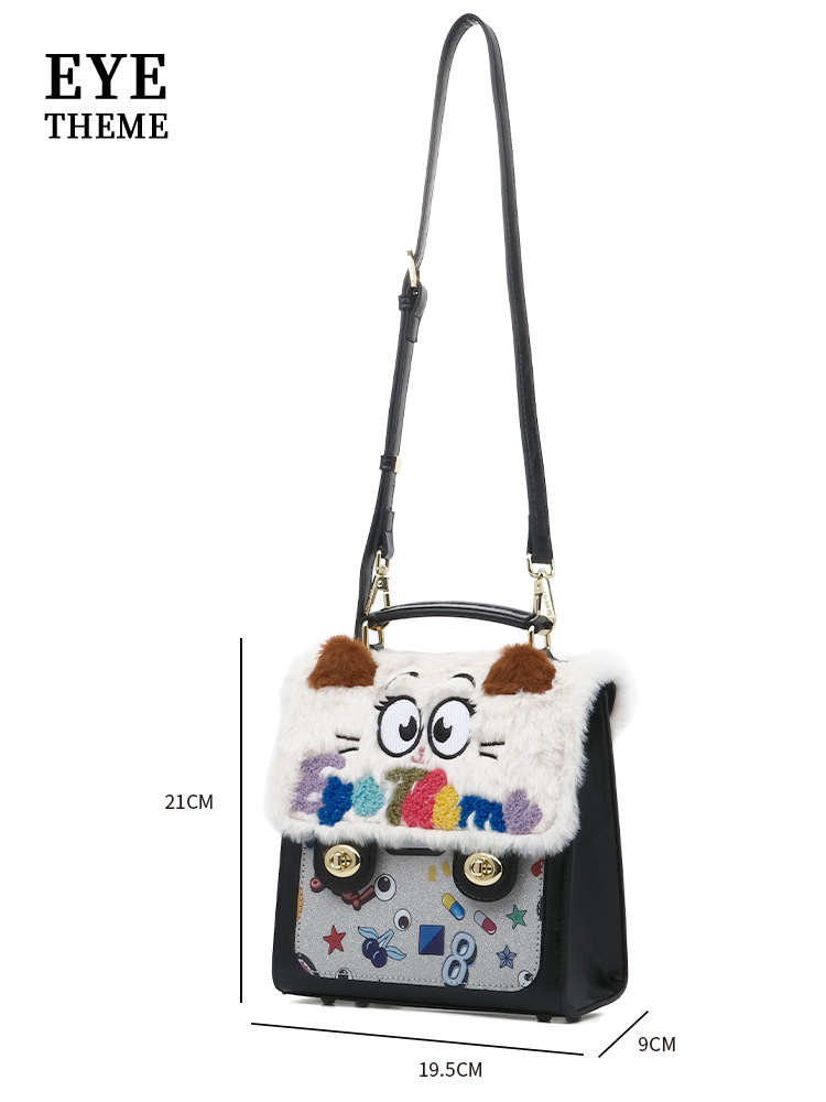 Otoño y invierno de peluche bordado lindo bolso cuadrado damas con tapa de flip color contraste diseño nicho mochila 2756 #