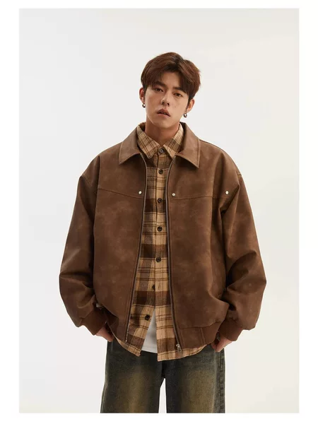 NASA American Style Retro Lapel Leather Jacket Men's Spring and Autumn Loose Couple's Workwear PU Wallet Jacket Trend