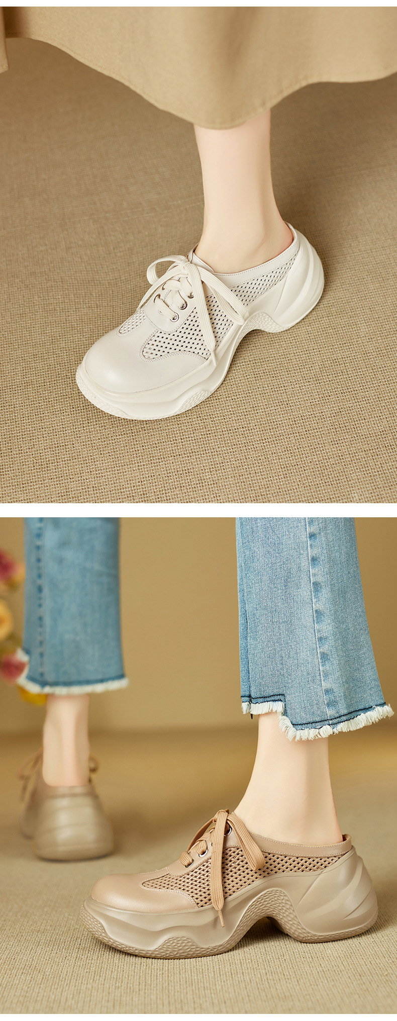 Dép sandal nữ quai chữ V đế bánh mì cao 5 cm, mũi trùm kín, phong cách casual — màu trắng ngà chi tiết 6