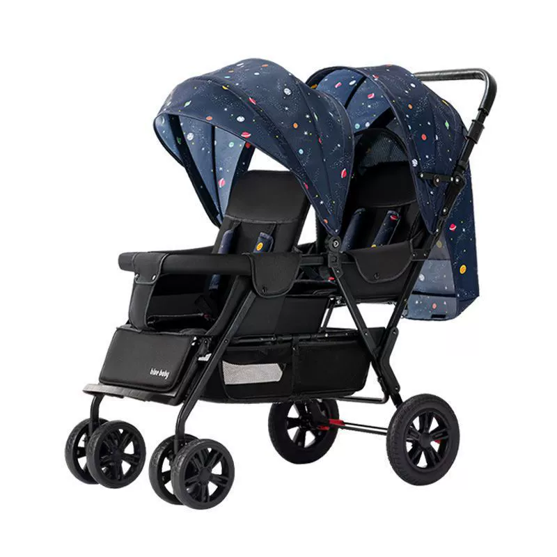 Folding stroller for twins, children's trolley for double with seat, can sit and lie