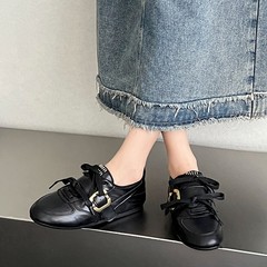 牛皮版~真皮复古风皮带扣德训鞋女软底系带休闲运动芭蕾舞小皮鞋