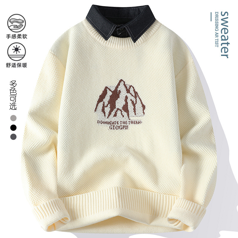 Fake two-piece sweater with shirt collar for men, faux collar knitwear, autumn and winter thickened shirt with collar, base shirt for young men Fake two-piece sweater with shirt collar for men, faux collar knitwear, autumn and winter thickened shirt with collar, base shirt for young men