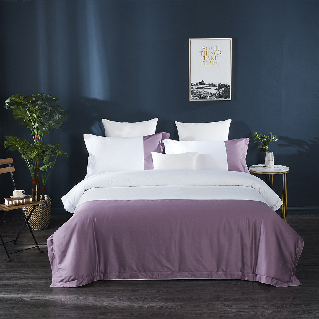 Four-Piece Set of 60-Count Pure Cotton Satin Color-Blocked Duvet Cover and Pillowcases for Guesthouses and Hotels, Bedding Manufacturer Wholesale