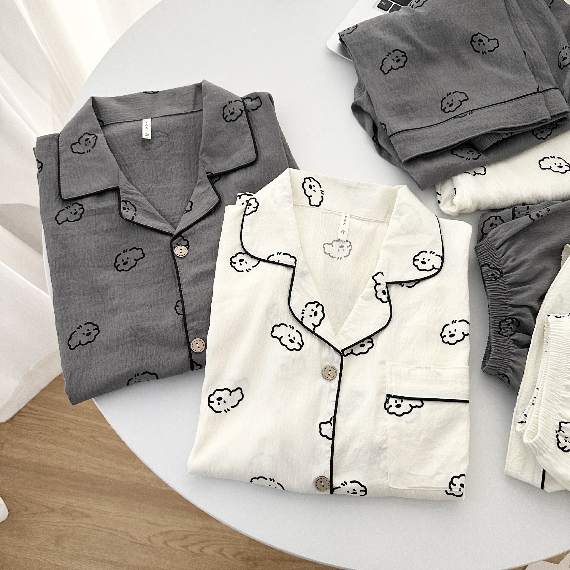 Internet Popular Ins Cartoon Couple Pajamas Thin Open Button Short Sleeve Shorts suit Women's Summer Lazy Style Home Clothes Men's