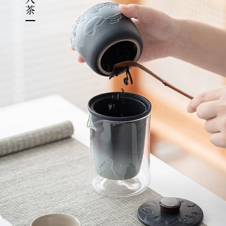 漸變陶瓷戶外旅行茶具快客套組玻璃壺一壺六杯壺便攜式可印伴手禮