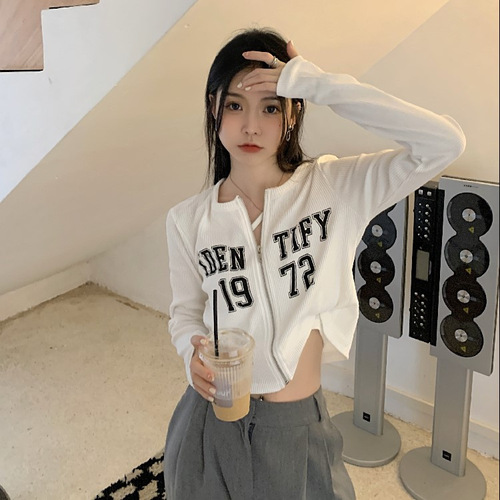 Letter printed short zipper cardigan coat for women's new loose slimming long-sleeved T-shirt niche hot girl top