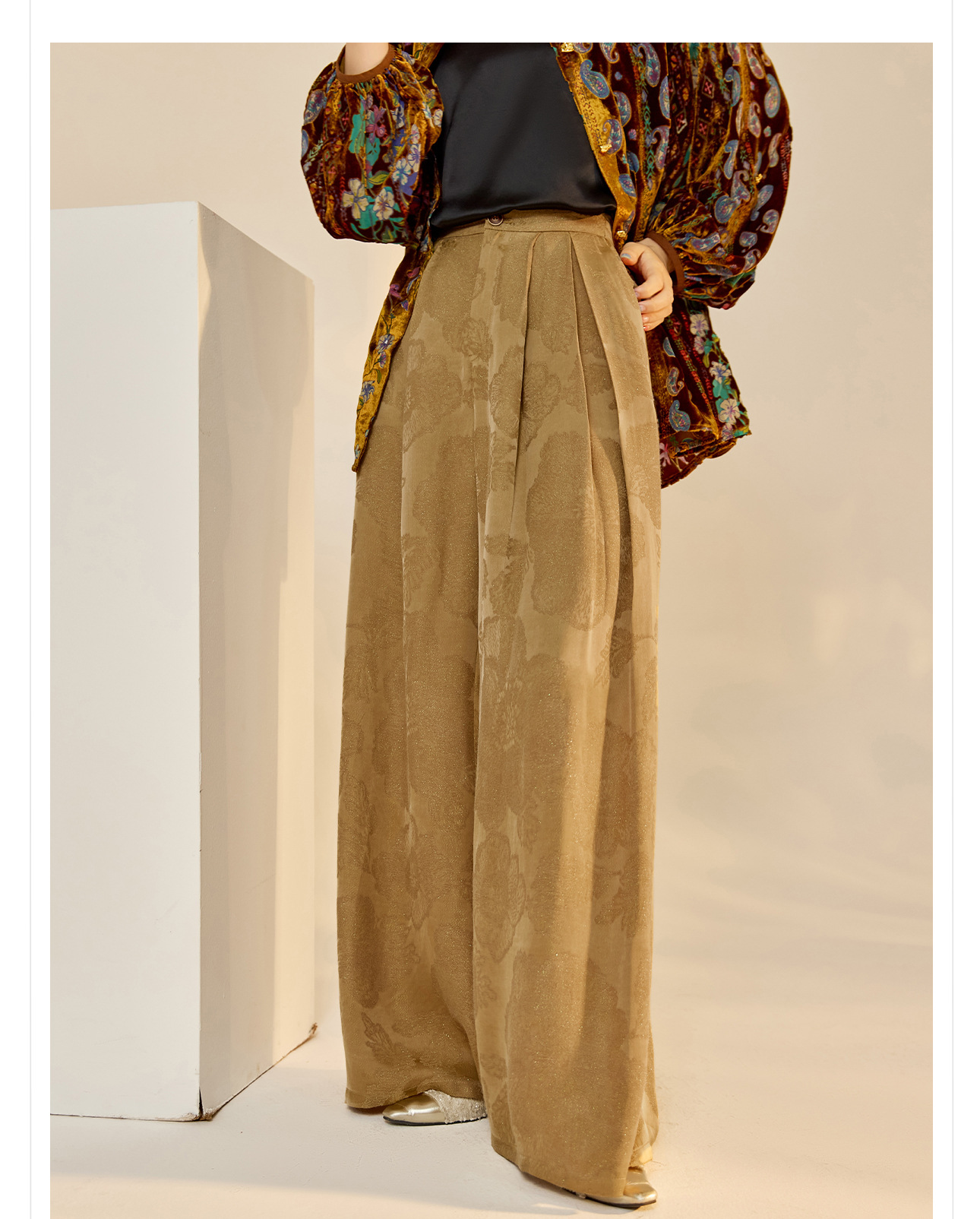 Quần ống rộng nữ phong cách Trung Hoa mới, chất rayon dệt vàng satin rủ — đen, Màu trắng nhạt, màu vàng chi tiết 13