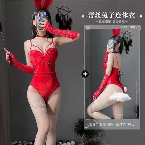 Bunny Girl Cosplay Lingerie Set with Gloves, Red Uniform for Small Busts — detail image 6