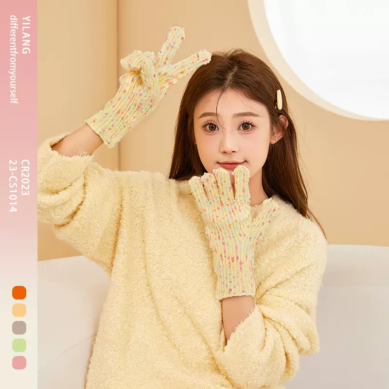 2025年秋冬季新款针织手套女加绒糖果色保暖防寒时尚露指韩版手套