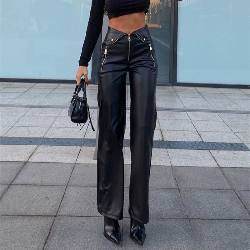 Ретро-черные цветные кожзамет trousers с молнией, американский стиль, высокий пояс, свободный прямой силуэт