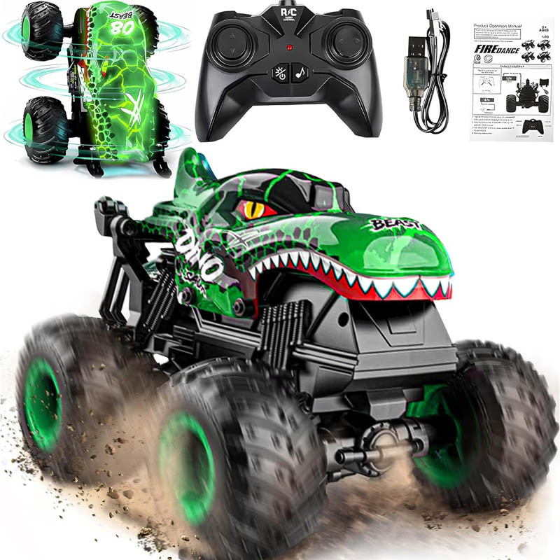 Cross-border 2.4G dinosaur remote control car, large-sized off-road vehicle for children, monster truck with stunt flips, lights, and music