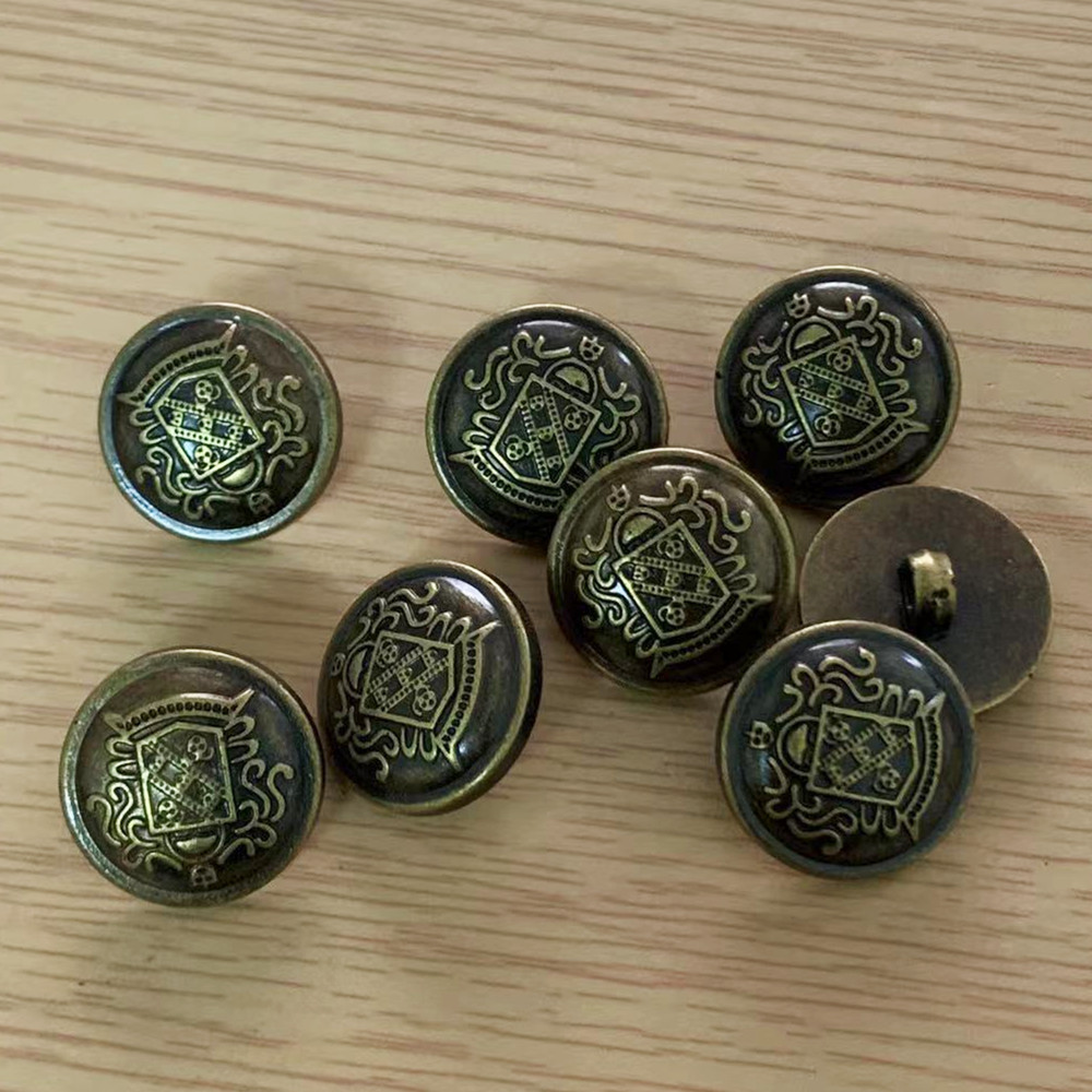 ABS塑料圆形仿金属电镀有脚青古铜圆边双狮钮扣制服扣