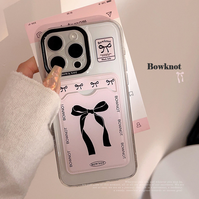 Ins Pink Bow Card Holder Suitable for Iphone16Pro Max Phone Case 13 Apple 15 Girl 11 Soft 17