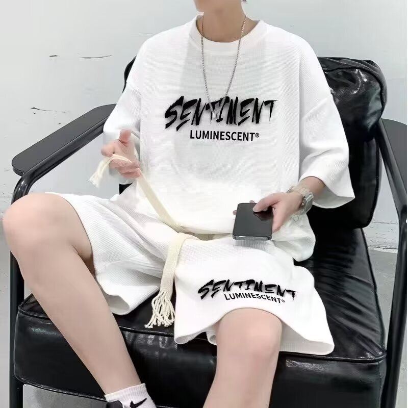 Waffle Suit Boys Summer Youth Casual Sportswear with Handsome Shorts Men's Short-Sleeved Two-Piece Trendy Set