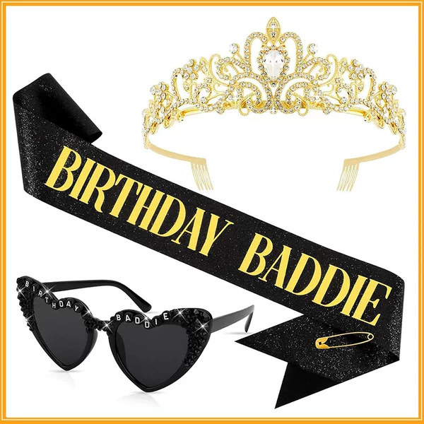 European and American Birthday Baddie Birthday Party Set Glitter Shoulder Strap Crown Sunglasses Three-Piece Set