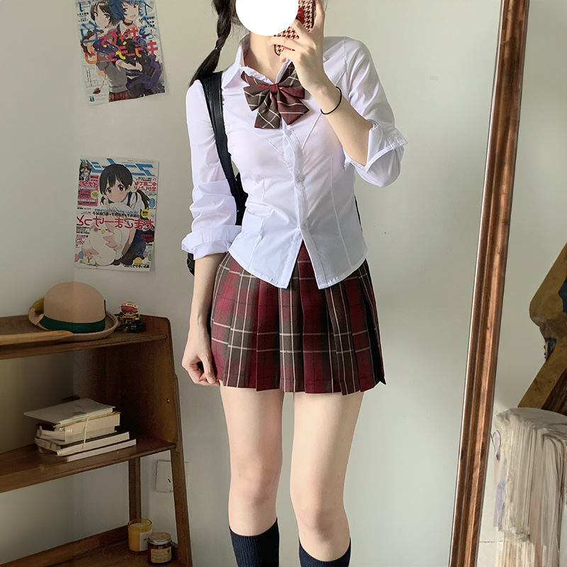 (2개) 일본 대학 스타일 JK 유니폼 화이트 셔츠 긴팔 허리 셔츠 슬림 핏 원피스 올 매치 세트 여름 스위트