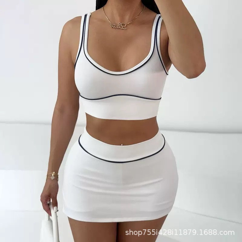 Cross-Border European and American Style 2025 Spring and Summer New Women's Sexy Navel-Baring Vest Hip-Covering Short Skirt Sports and Leisure Suit