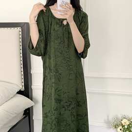 夏季女士短袖中长款睡裙套头冰丝面料舒适透气家居服