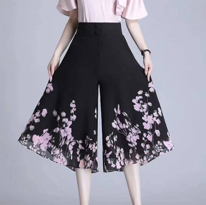 Chiffon Cropped Wide-Leg Pants for Women, Summer 2026 New High-End Skirt Pants, Middle-Aged and Elderly Mom's Casual Pants, Half Skirt