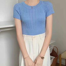 夏季新款个性针织衫简约青春减龄圆领镂空竖条显瘦透气短袖上衣女