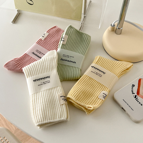 suxinaimin socks women's spring and summer new cotton double needle pile socks Japanese style heel cloth label macaron mid-tube socks